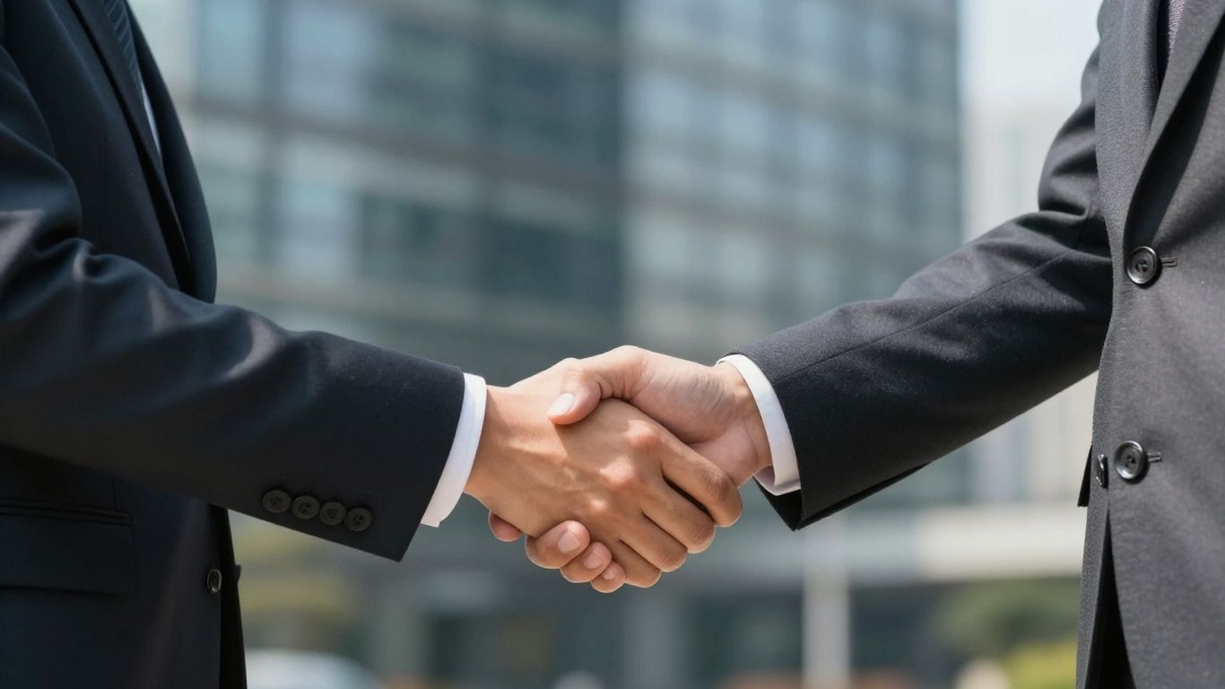 Handshake between real estate professionals, office background.