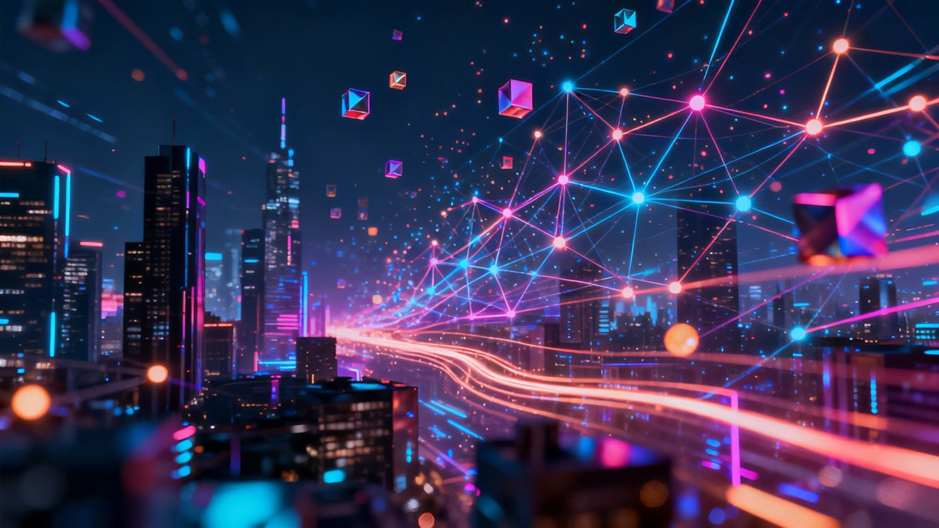 Digital cityscape with glowing interconnected nodes and geometric shapes.