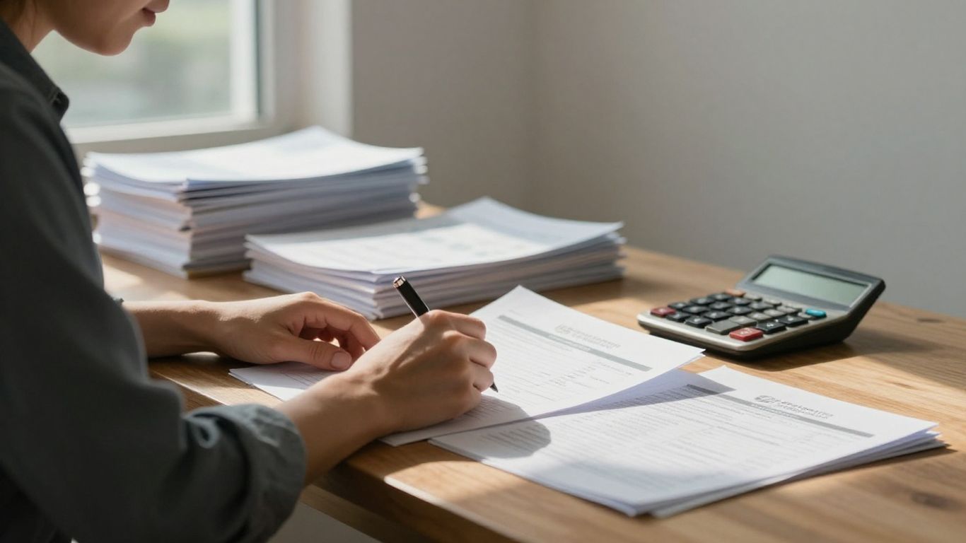 Small business owner organizing financial documents at a desk.
