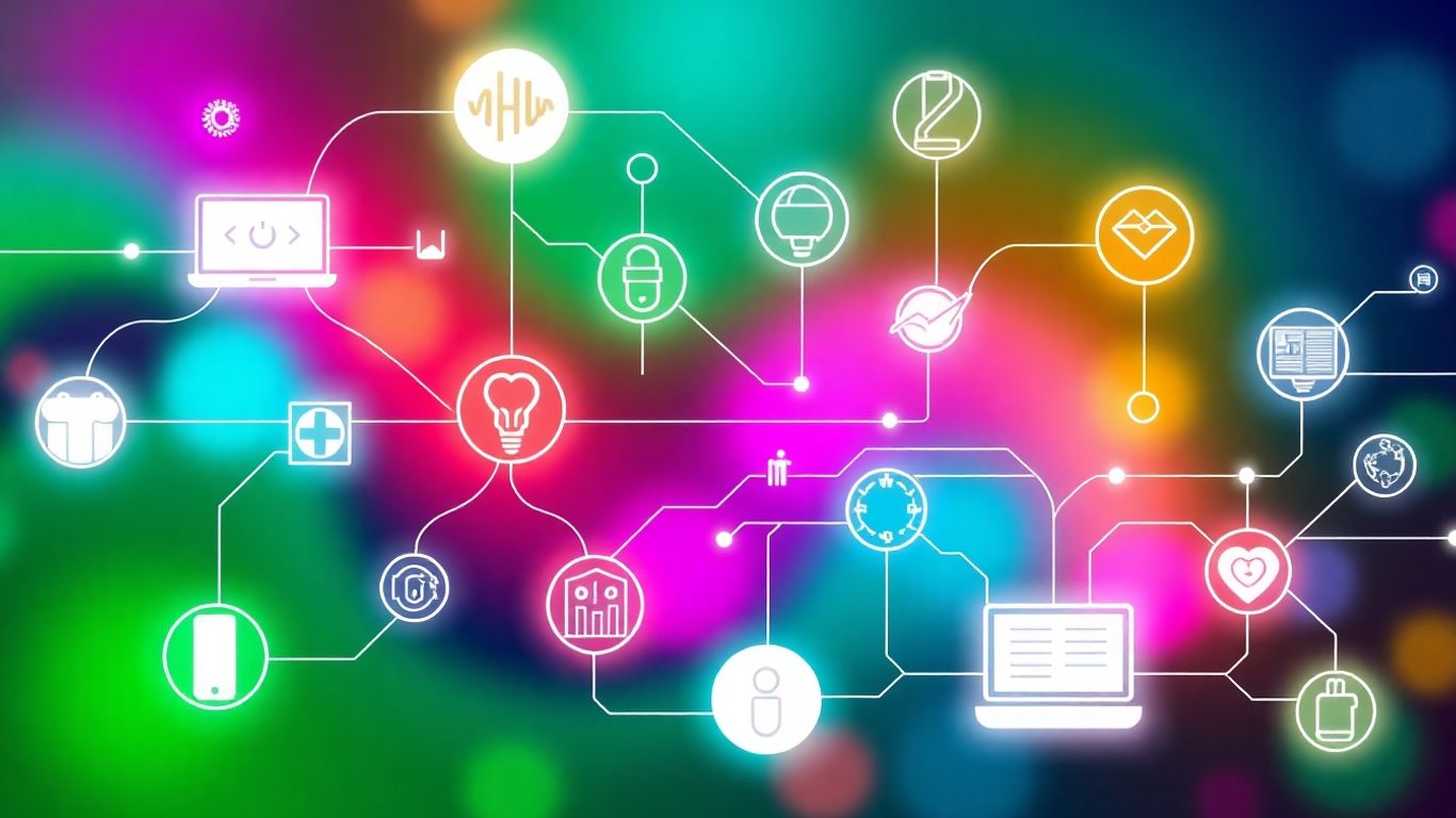 Digital health infographic with interconnected medical technology icons.