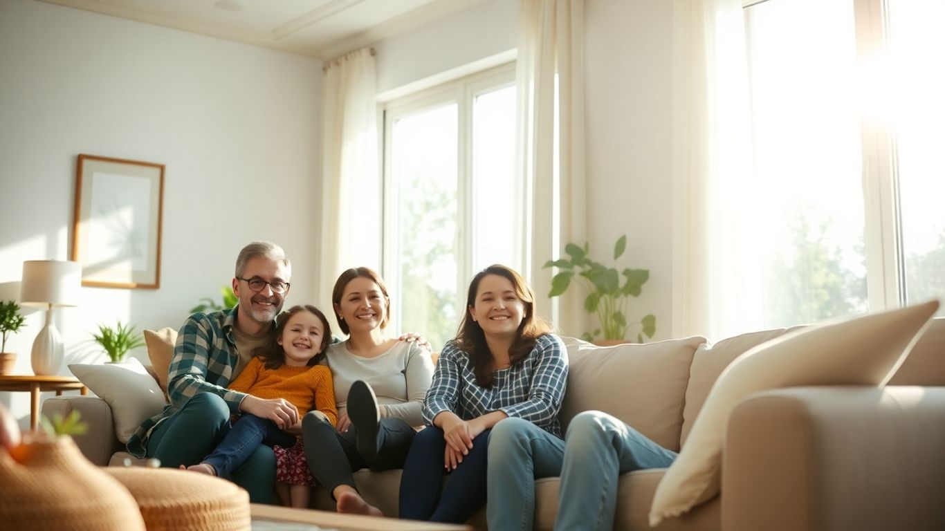 Familia feliz en un hogar seguro y protegido.