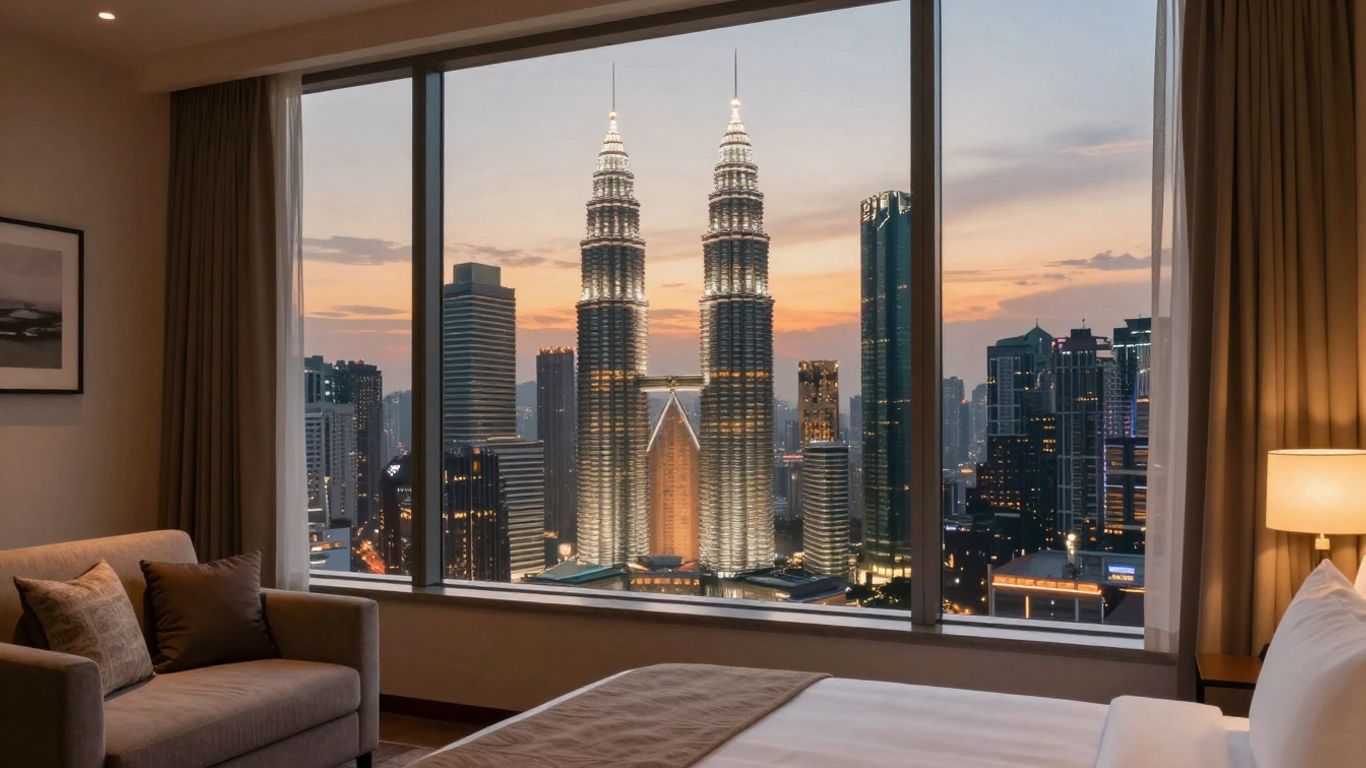 Kuala Lumpur skyline and comfortable hotel room view.