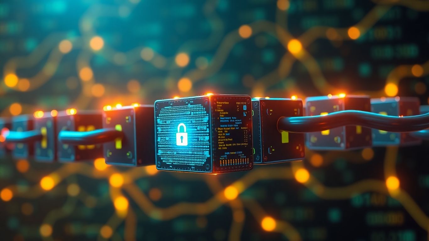 Interconnected glowing digital blocks forming a secure chain.