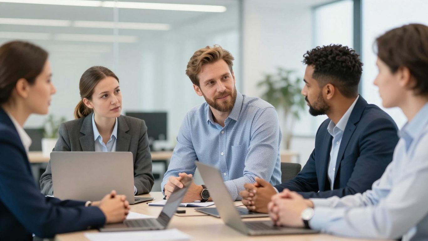 Menschen in einem modernen Büro, die zusammenarbeiten.