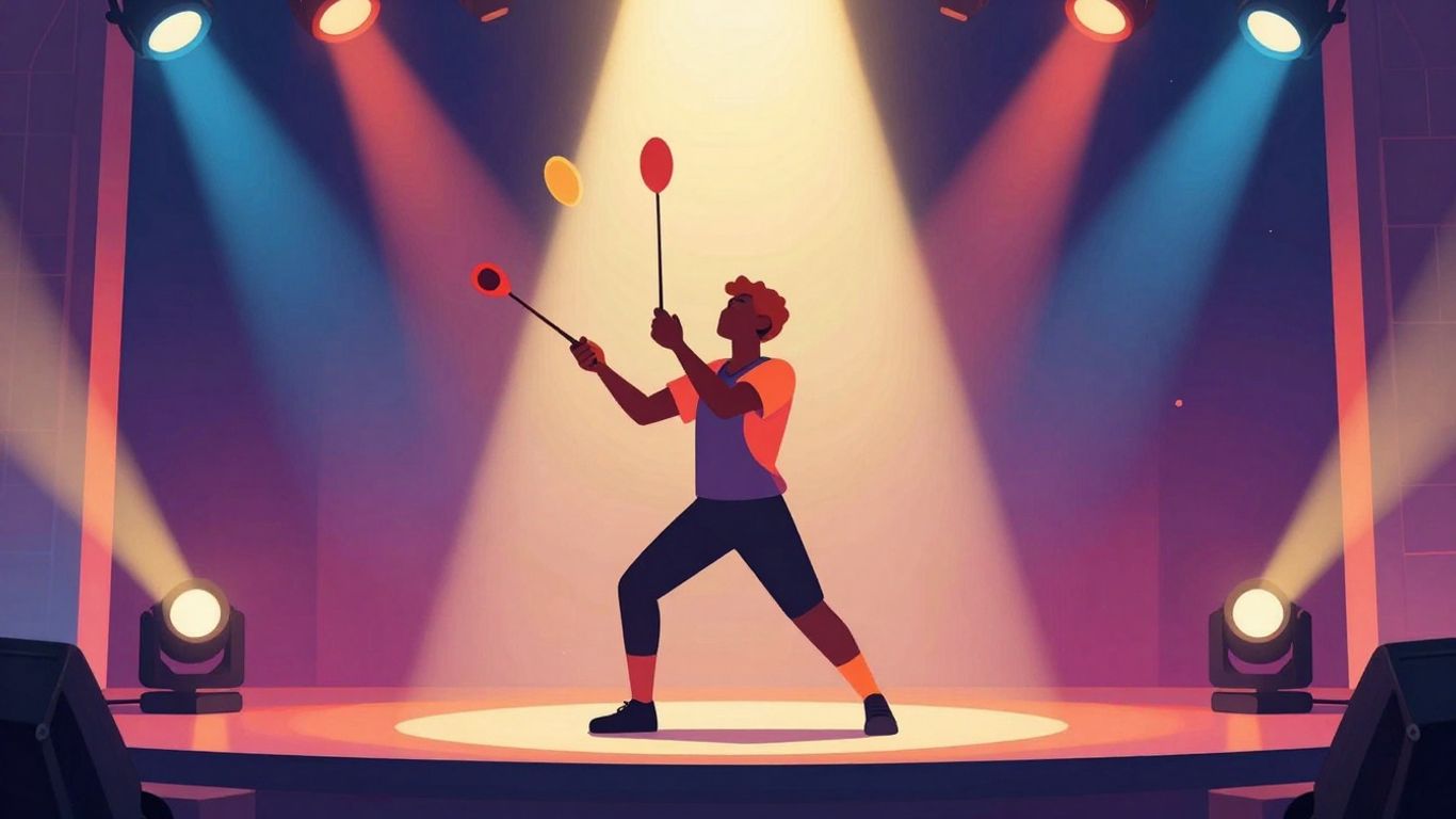 Performer on stage, game-like illustration.