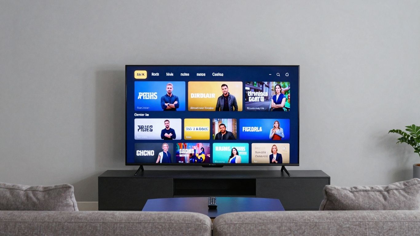 Modern living room with IPTV channels on TV.