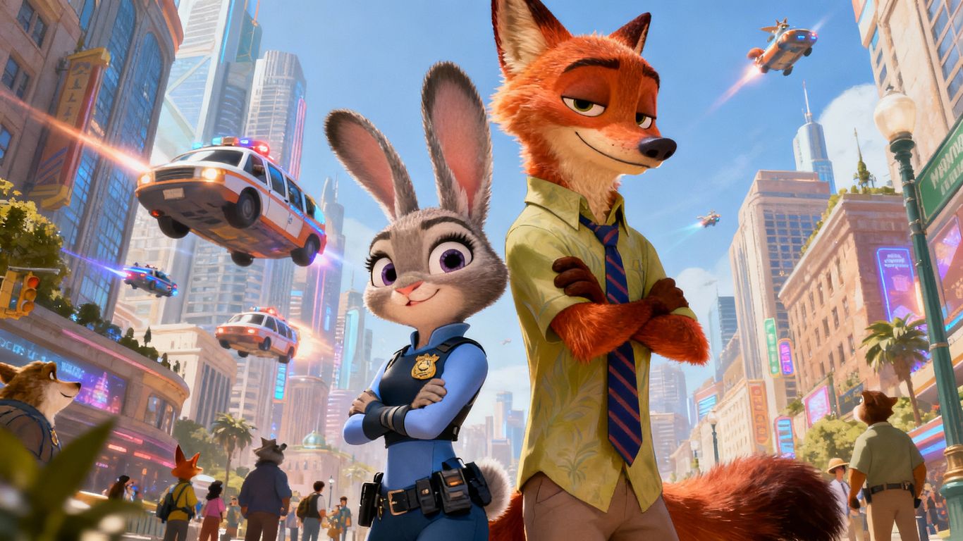 Judy Hopps and Nick Wilde in Zootopia cityscape.