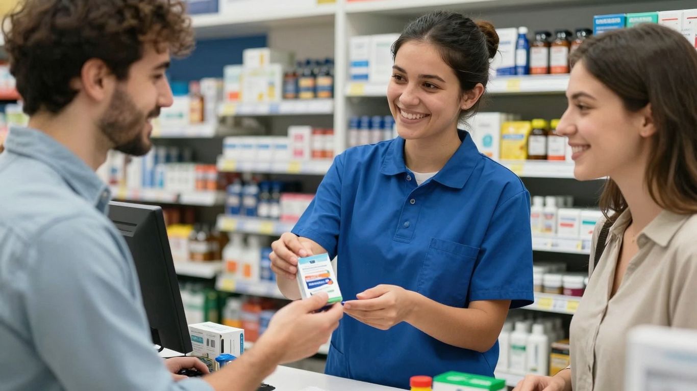 Salesperson offering an extra item to a happy customer.