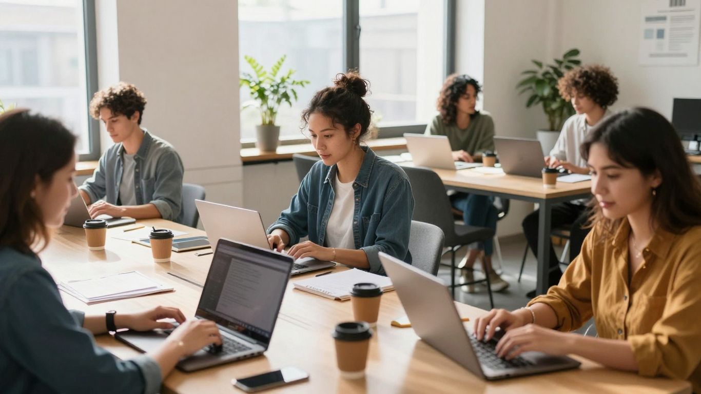 Freelancers working in a modern co-working space.