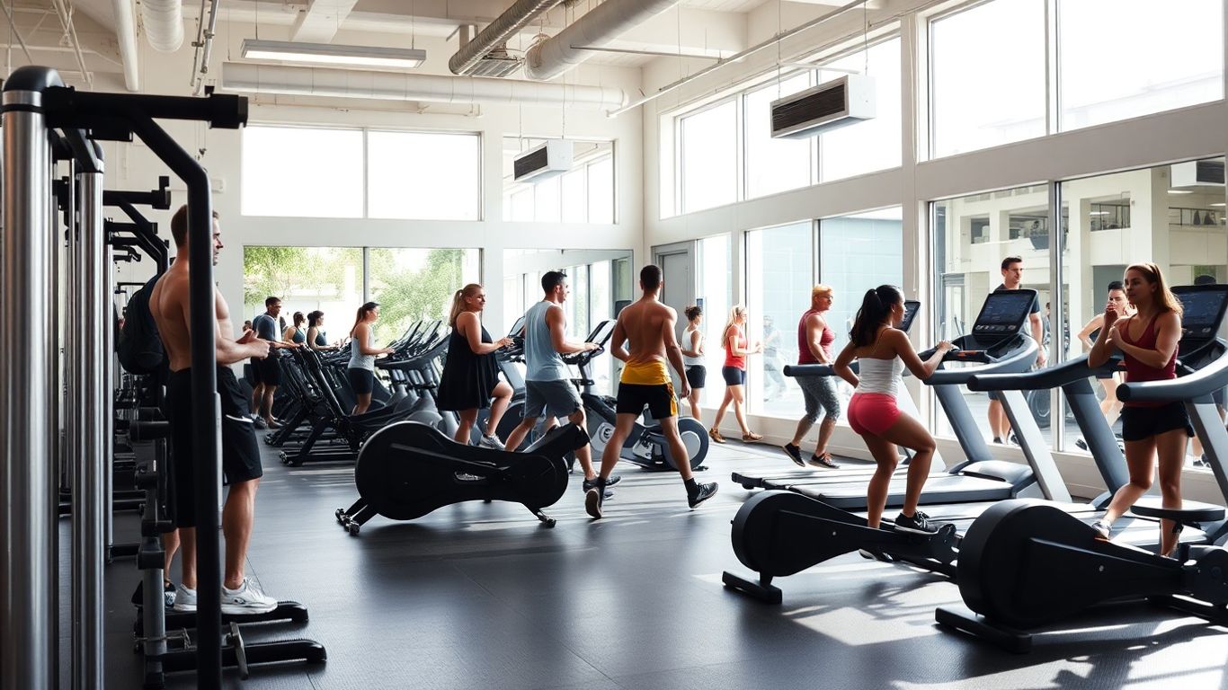 Pessoas se exercitando em uma sala de fitness moderna.