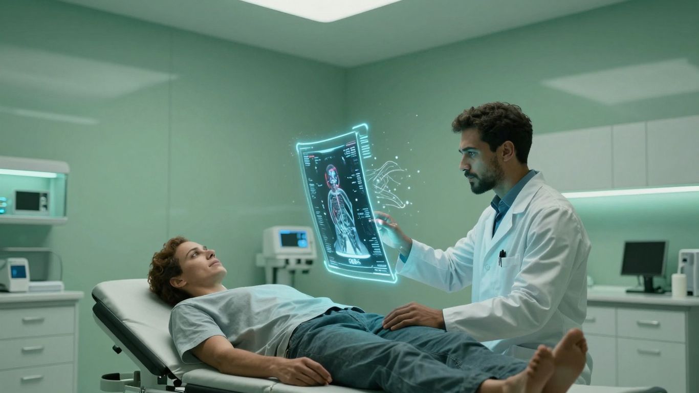 Doctor examinând scanare medicală pe ecran holografic.