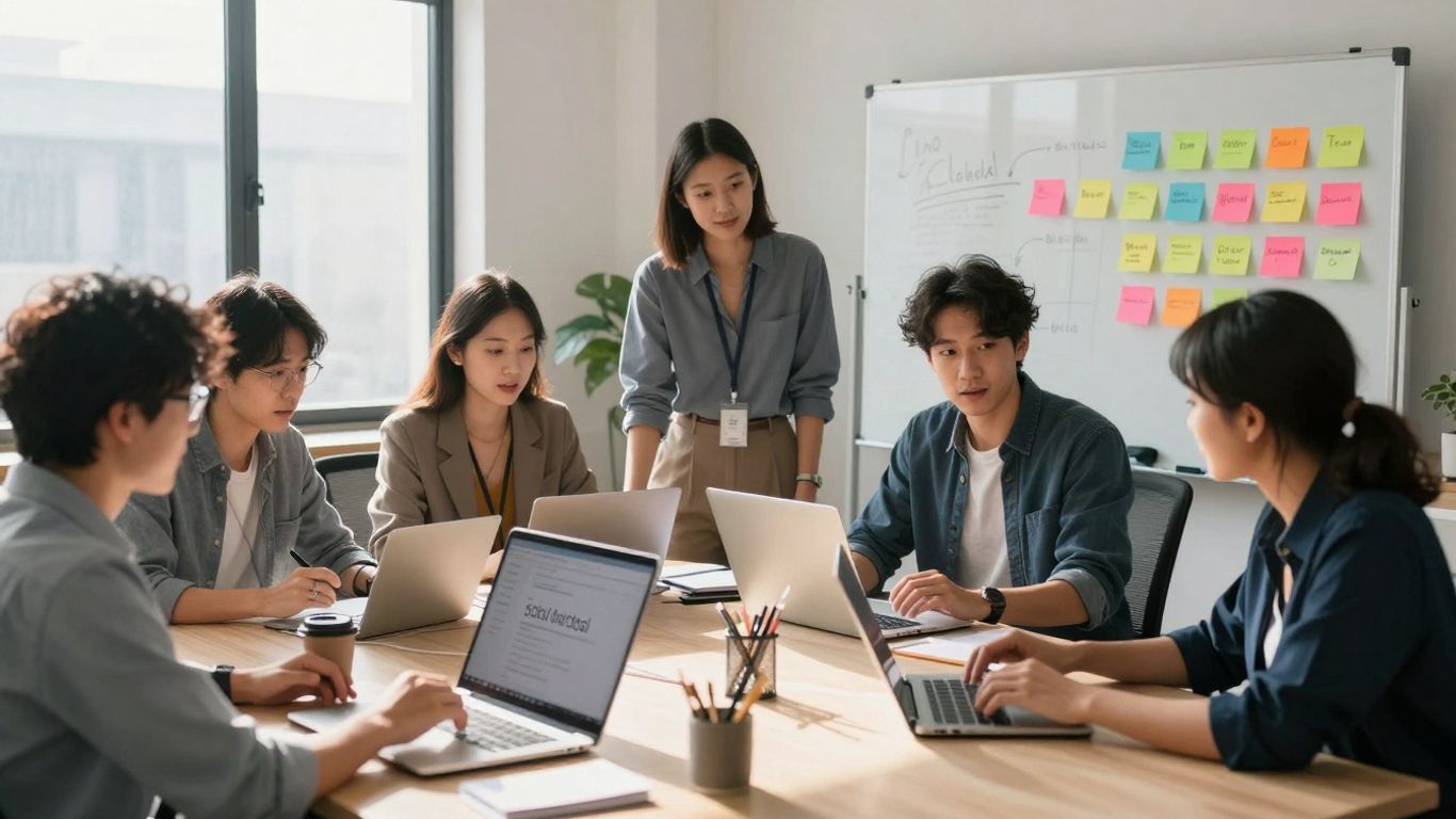 Business professionals collaborating on social media strategy.