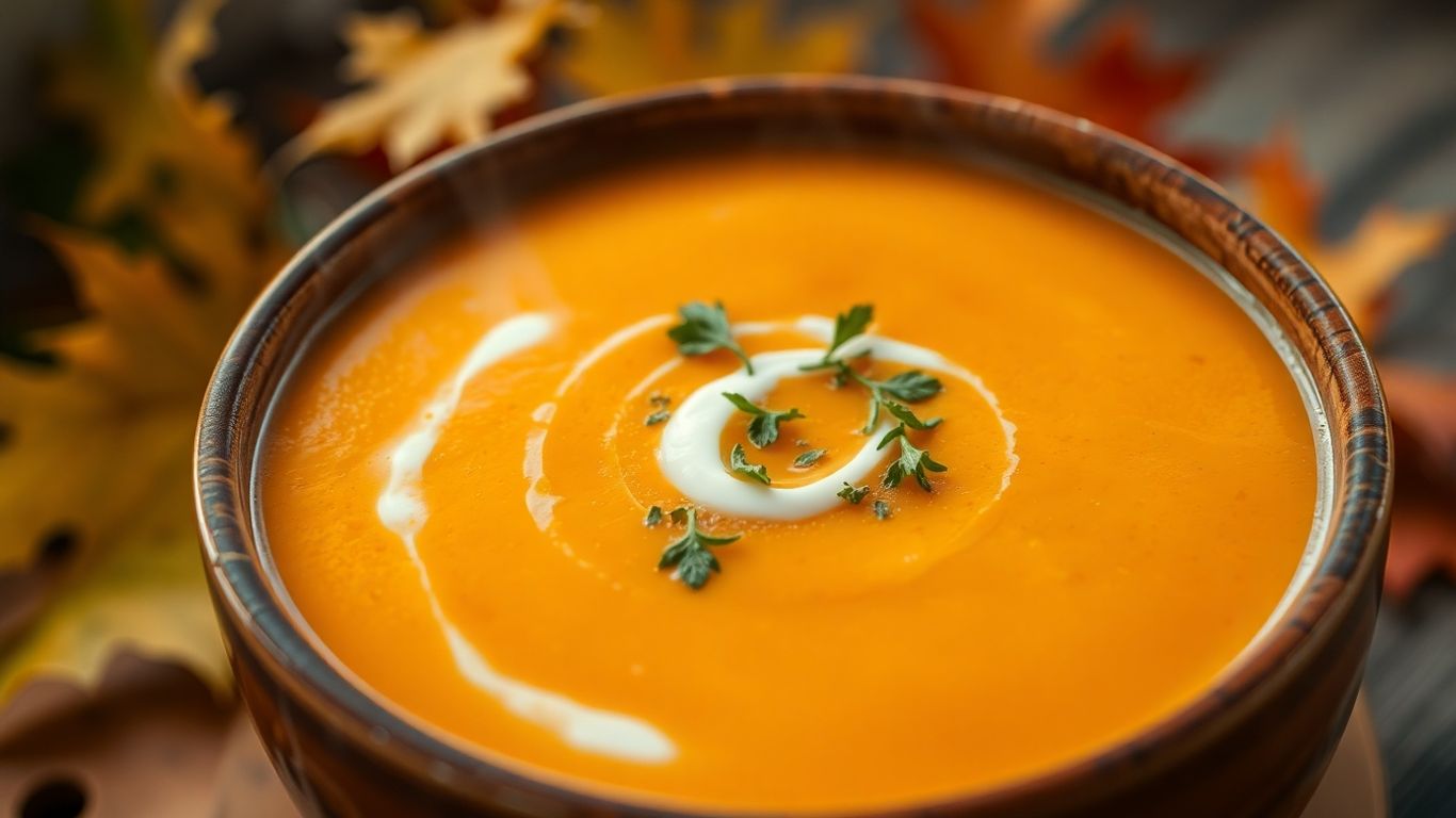 Creamy pumpkin soup in a bowl with cream swirl and herbs.
