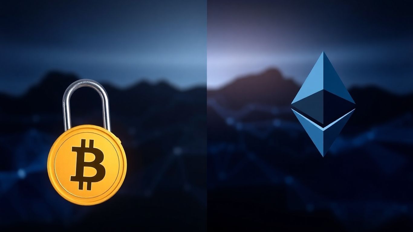 Crypto security debate with Bitcoin and Ethereum symbols.