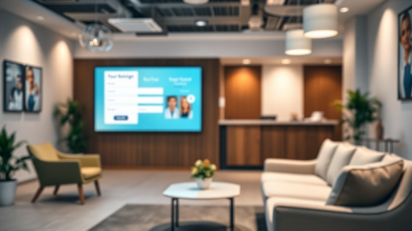 Clinic reception with digital booking system.