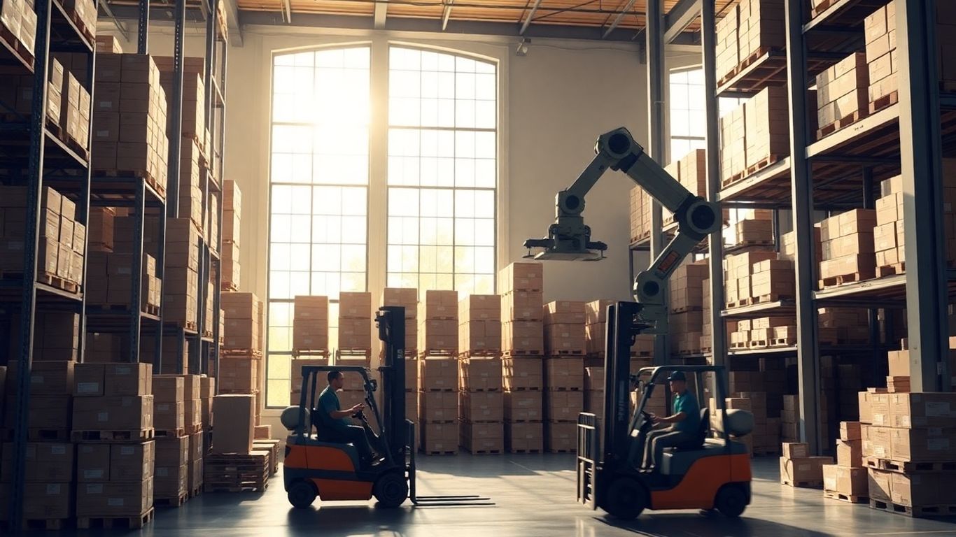 Warehouse with boxes, robots, and forklifts.