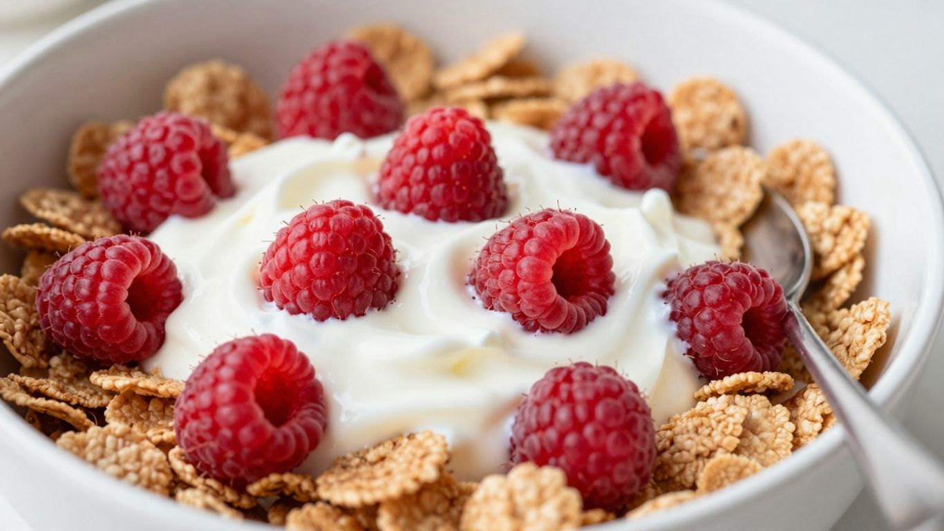 Healthy raspberry yogurt cereal bowl for weight loss breakfast.