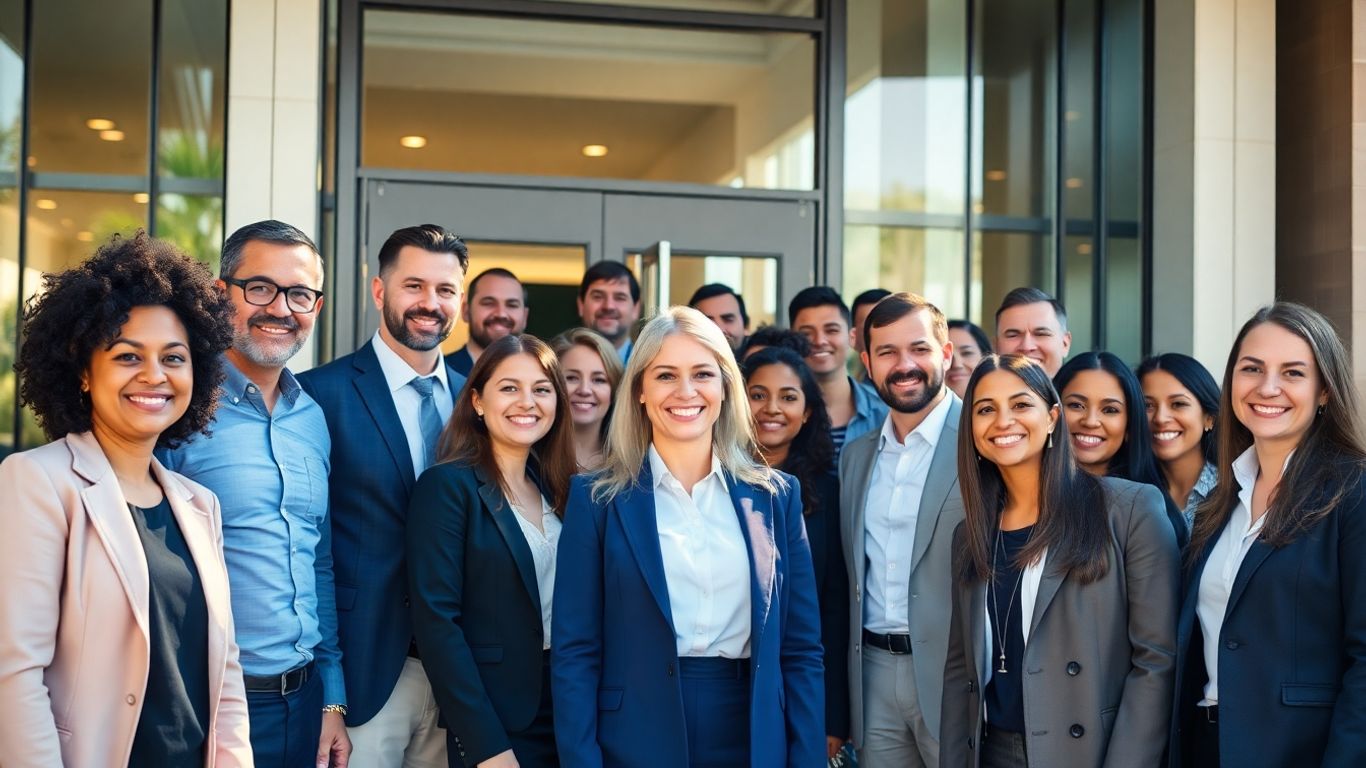 Pessoas sorrindo em frente a um prédio da C&A.