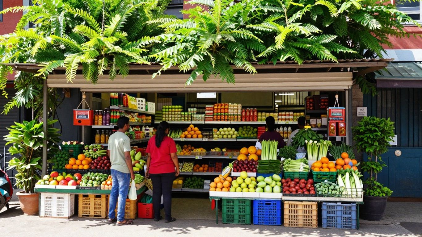 Buurtsupermarkt met verse producten in een groene omgeving.