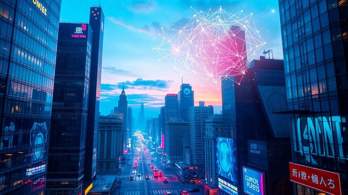 Futuristic cityscape with glowing digital streams and holographic projections.