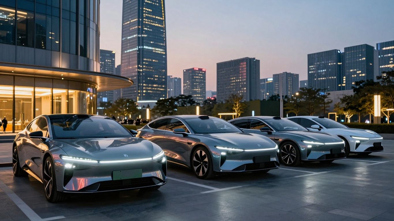 Luxury electric sedans in a modern cityscape at dusk.