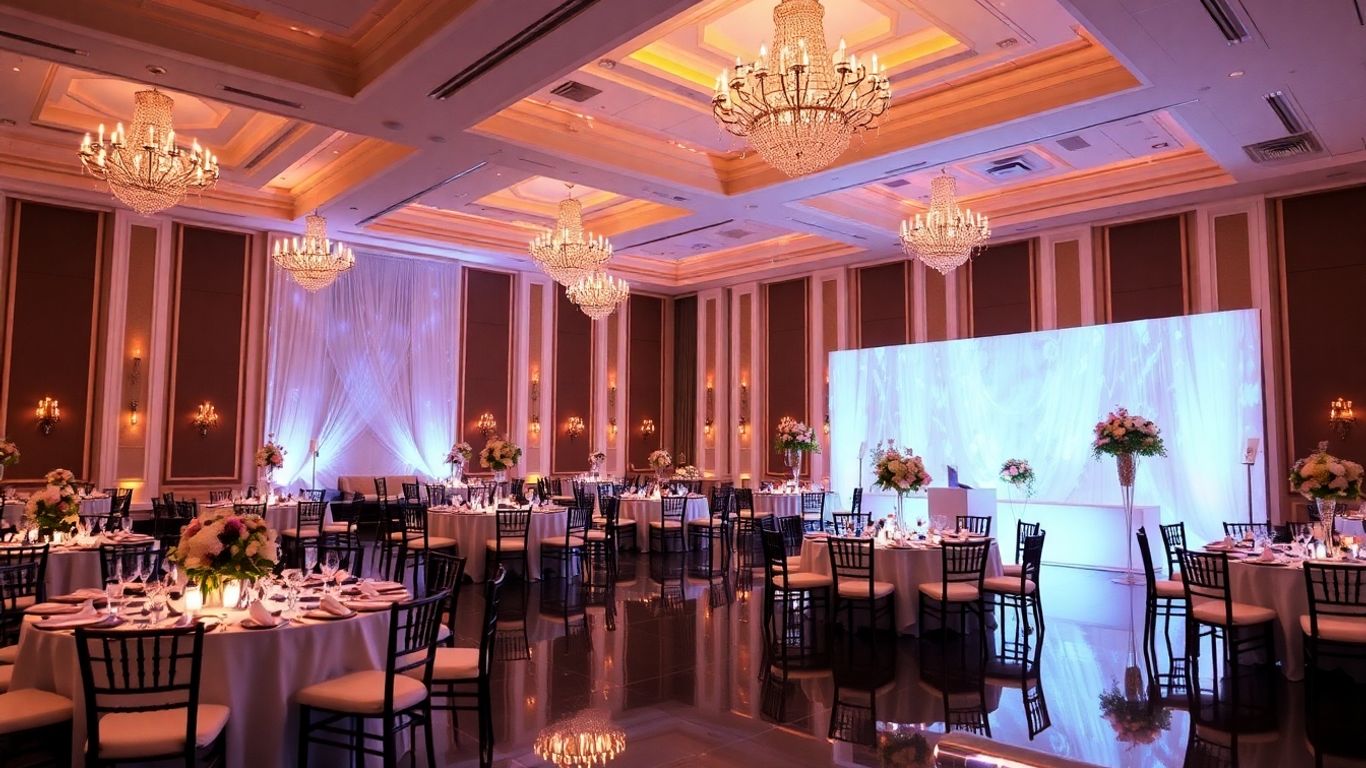 Elegant event venue interior with decorated tables and ambient lighting.
