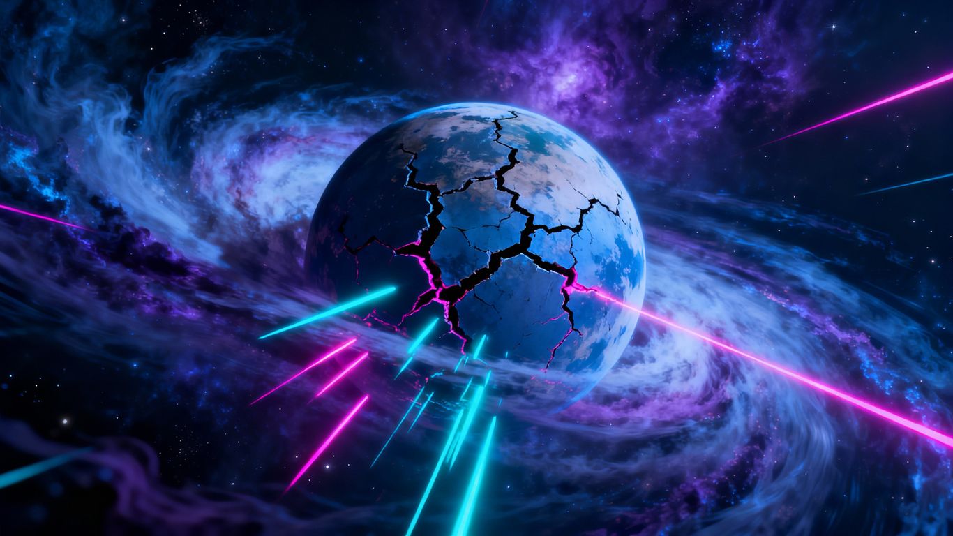 Cosmic nebula with a cracked planet