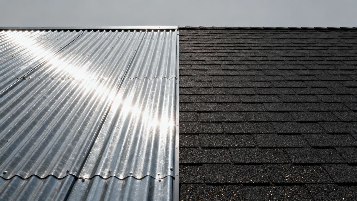 Close-up of metal and asphalt shingle commercial roofs.