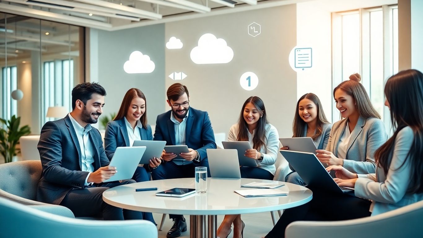 Business team using cloud software in modern office