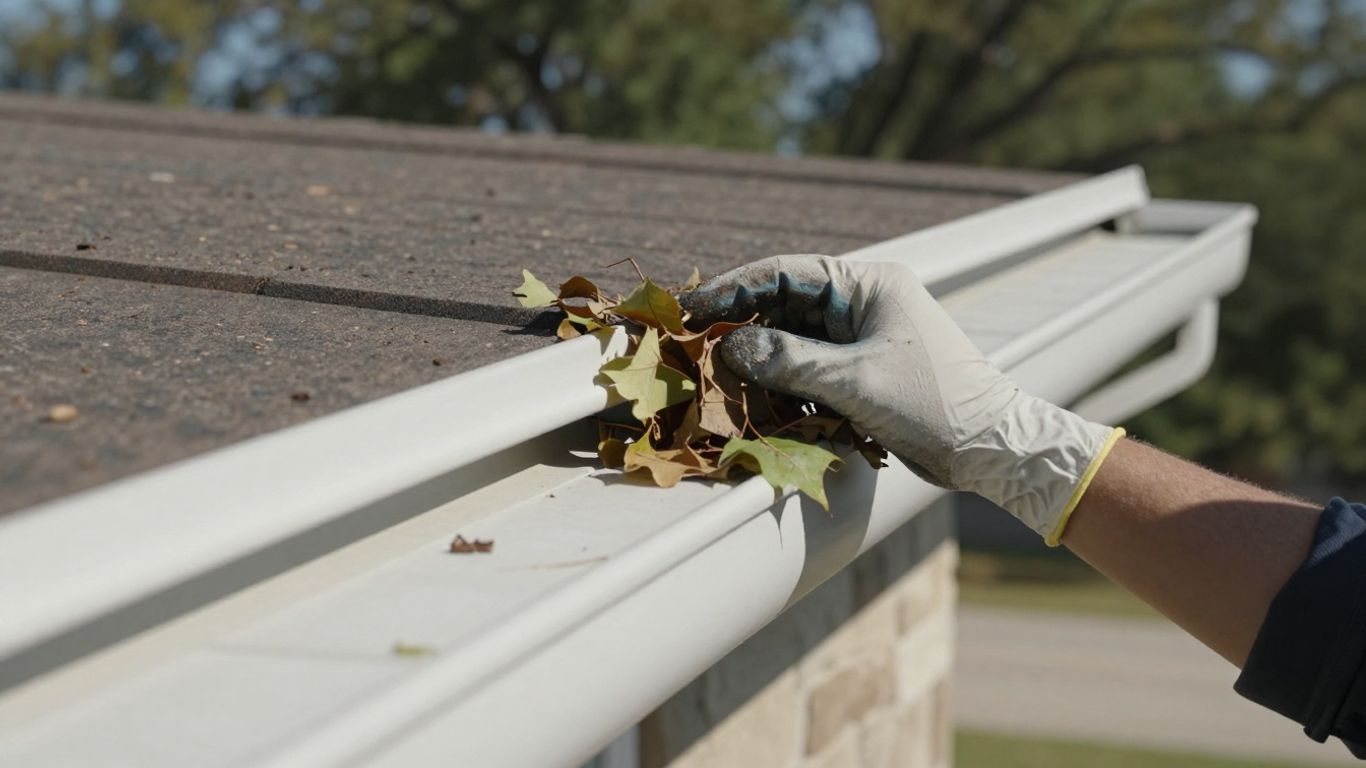 Person cleaning gutters on a suburban house roof