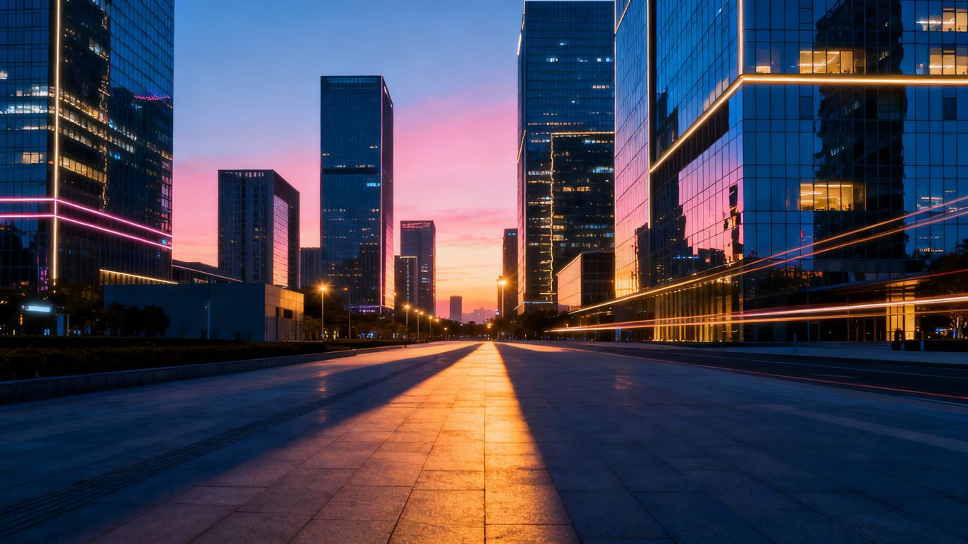 Los Angeles cityscape at sunset, modern buildings
