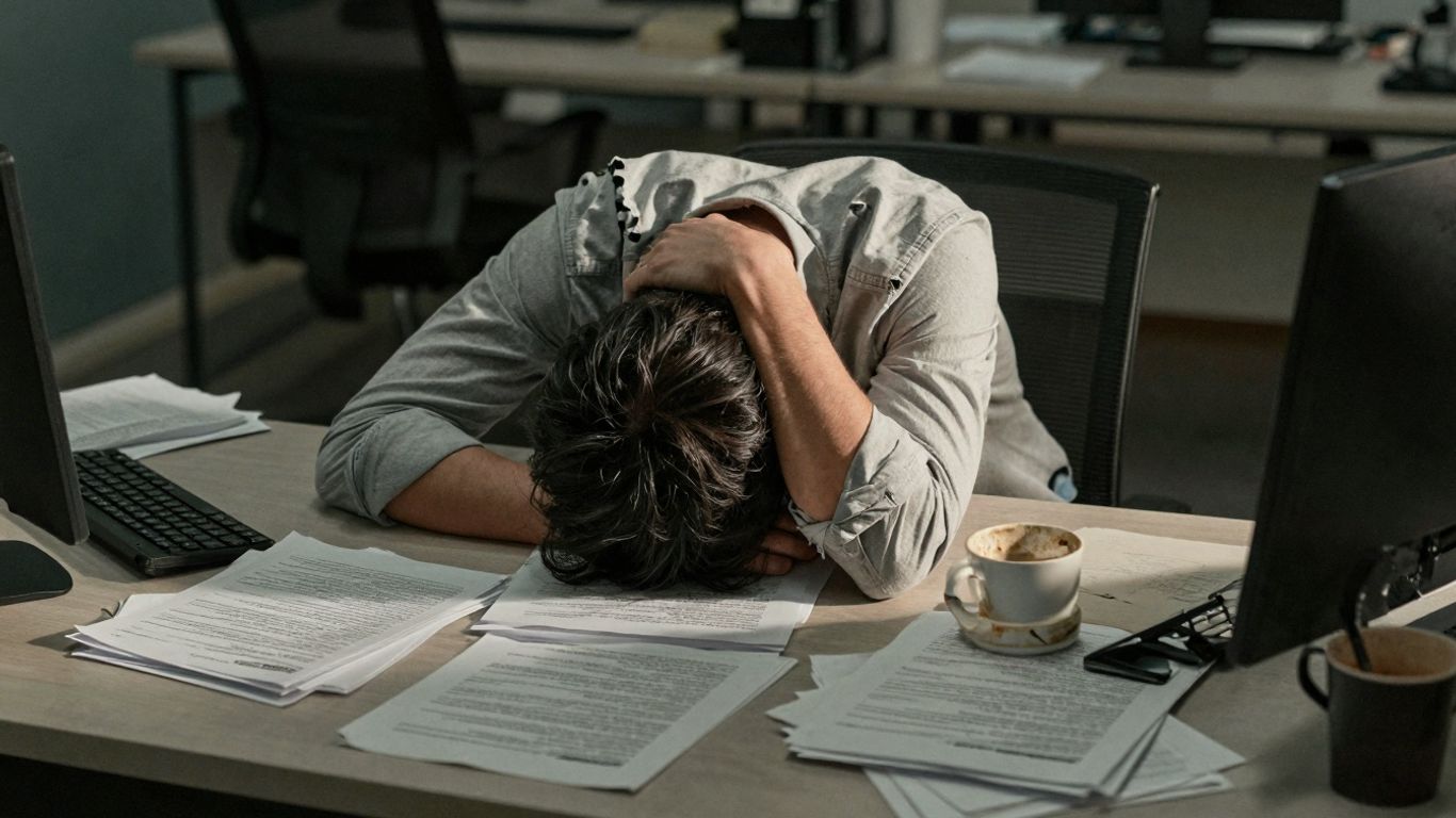 Persoană obosită la birou, epuizată de muncă.