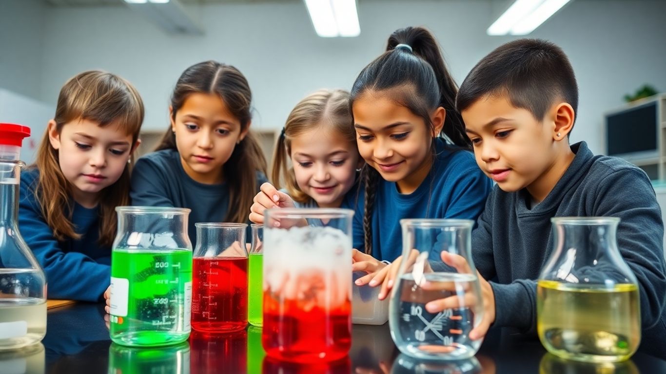 Students doing science experiments at Stepright Studios.