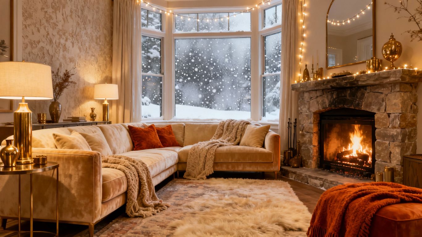 Cozy, remodeled living room with fireplace for winter.