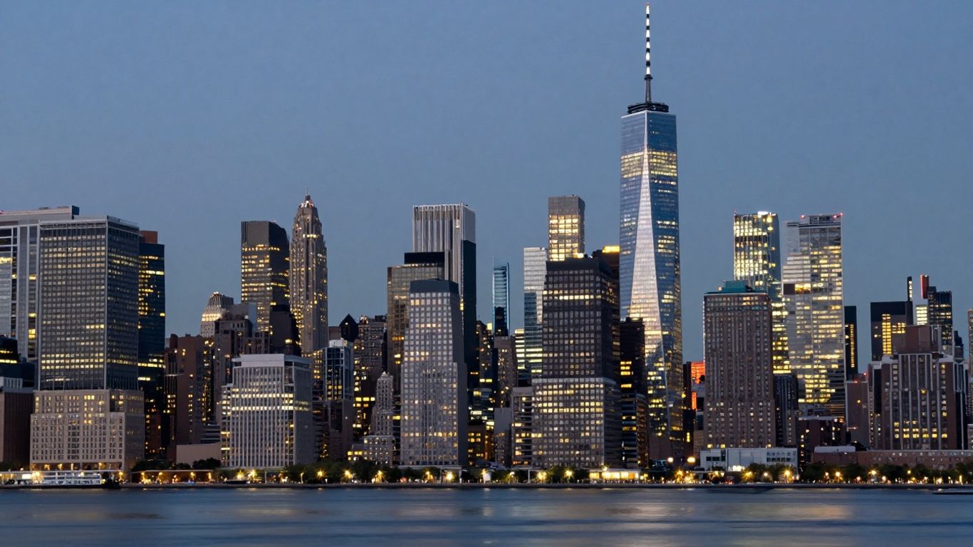 New York City skyline at dusk with illuminated skyscrapers.