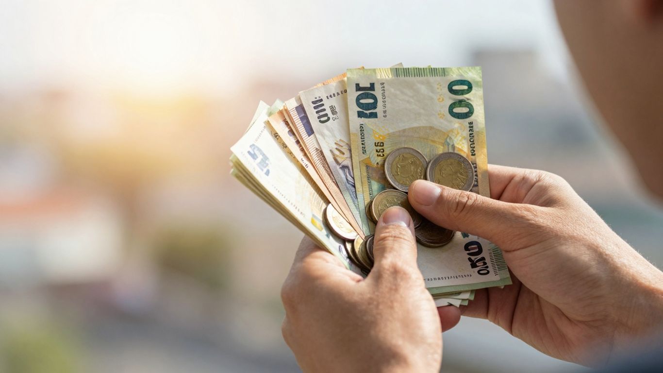 Person holding money, looking towards a bright financial future.