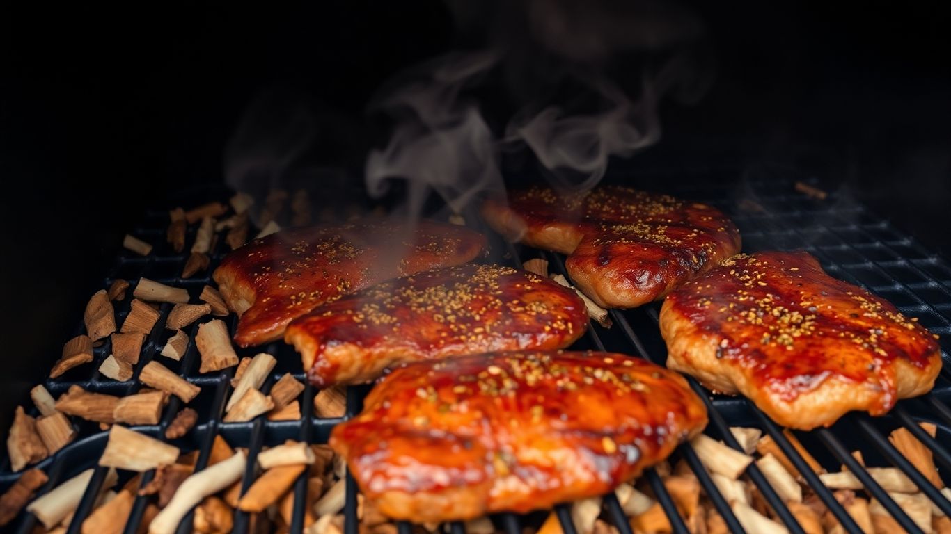 Smoker with wood chips and seasoned meat on grates.