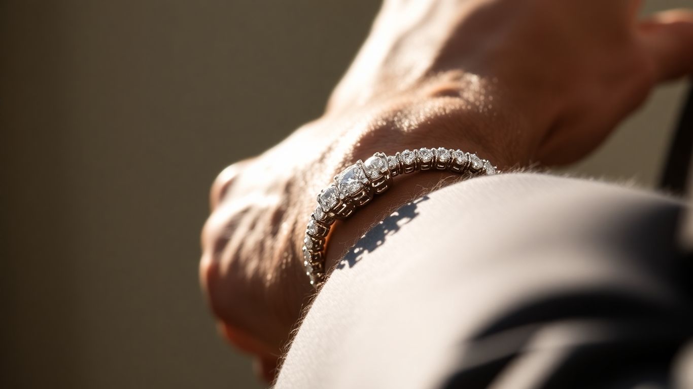 Man's diamond tennis bracelet on wrist.