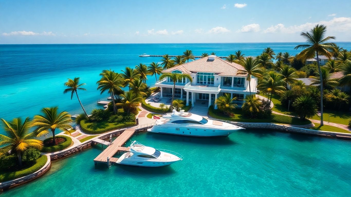 Luxurious waterfront mansion with yacht and palm trees.