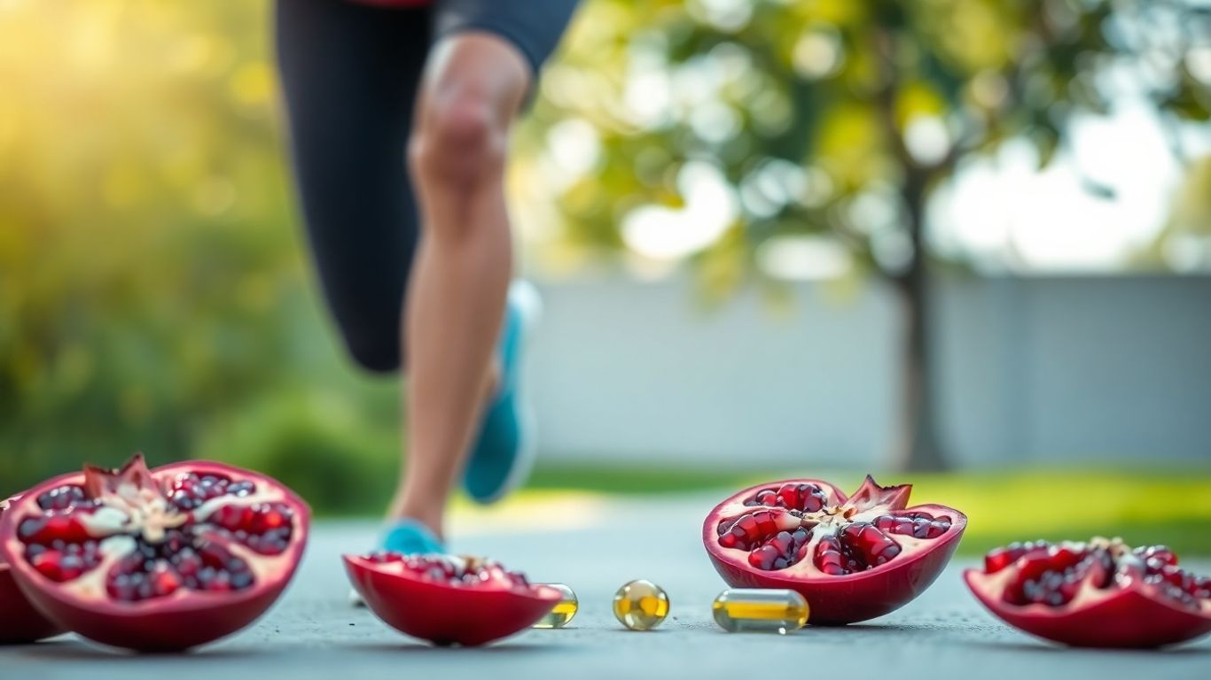 Jogger with strong legs, pomegranates, capsules outdoors