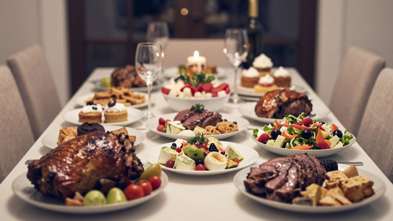 Festive Christmas feast with abundant, colourful food.