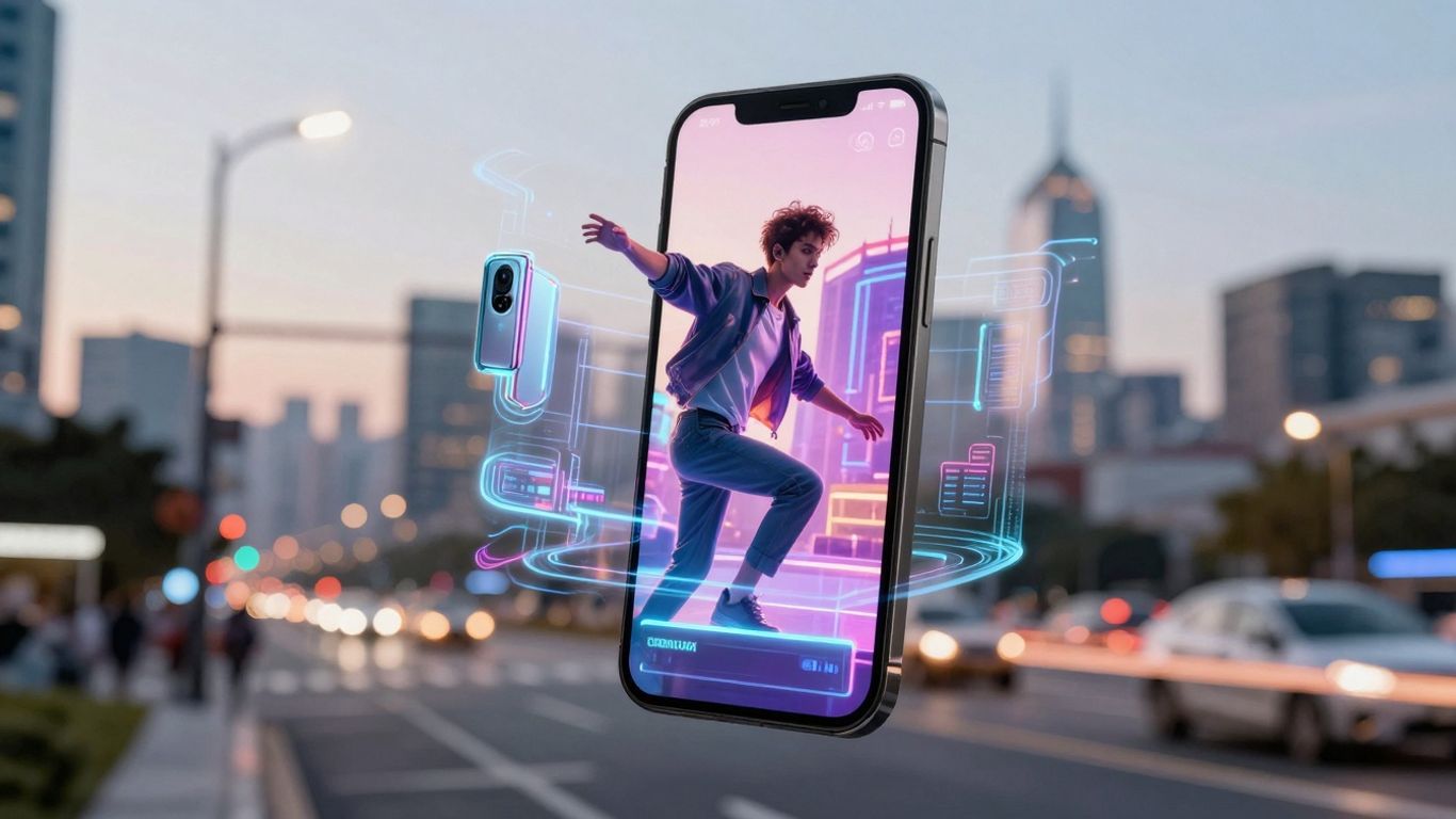 Holographic advertisement emerging from a smartphone.