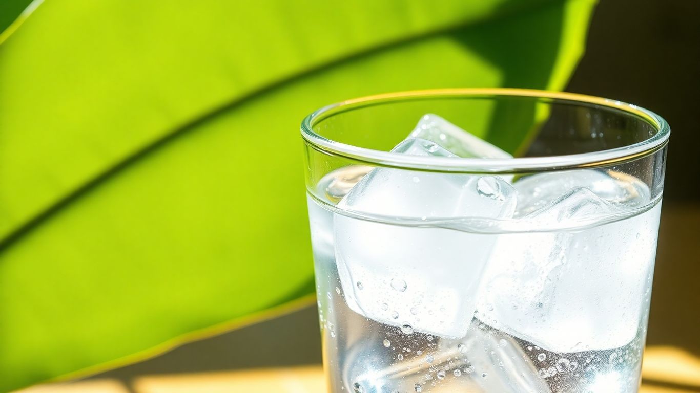 Glass of water and green leaf with sunlight.