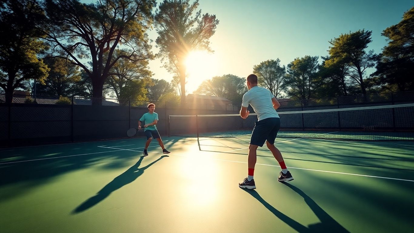 Pickleball players in action on a sunny court.