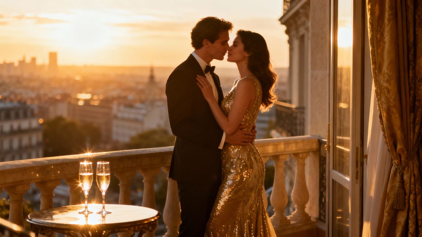 Couple on balcony with city view, sunset, champagne.