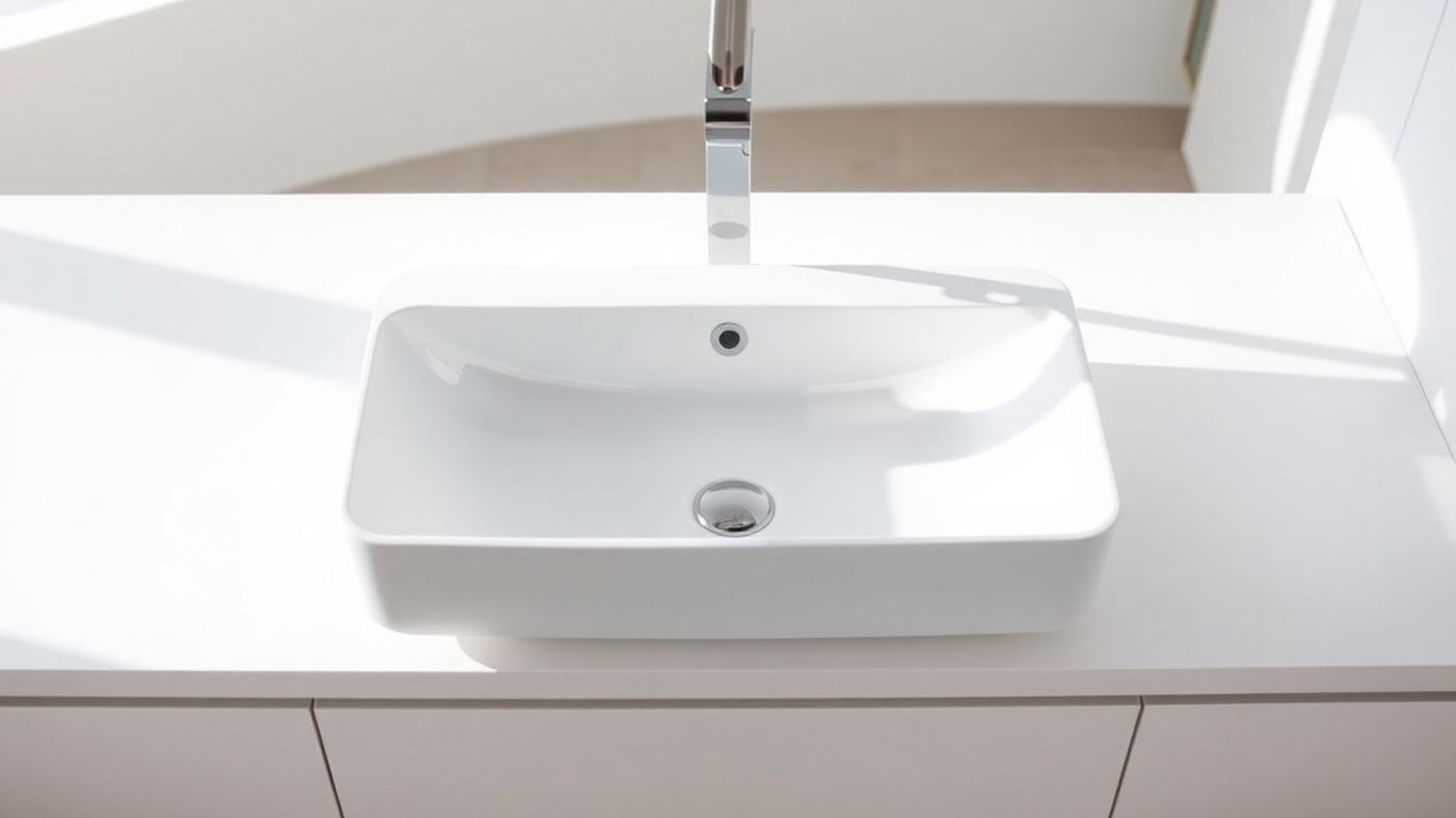 Modern countertop basin in a bright, stylish bathroom.