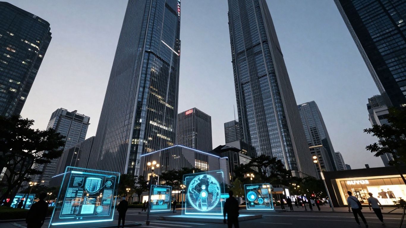 Oraș digital conectat cu fluxuri luminoase și vitrine moderne.