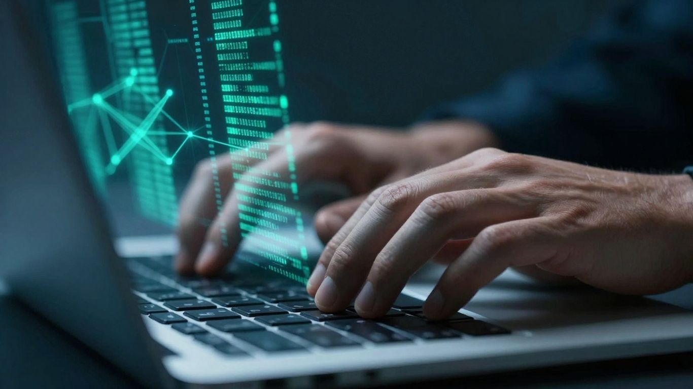 Hands typing on keyboard with digital data streams.