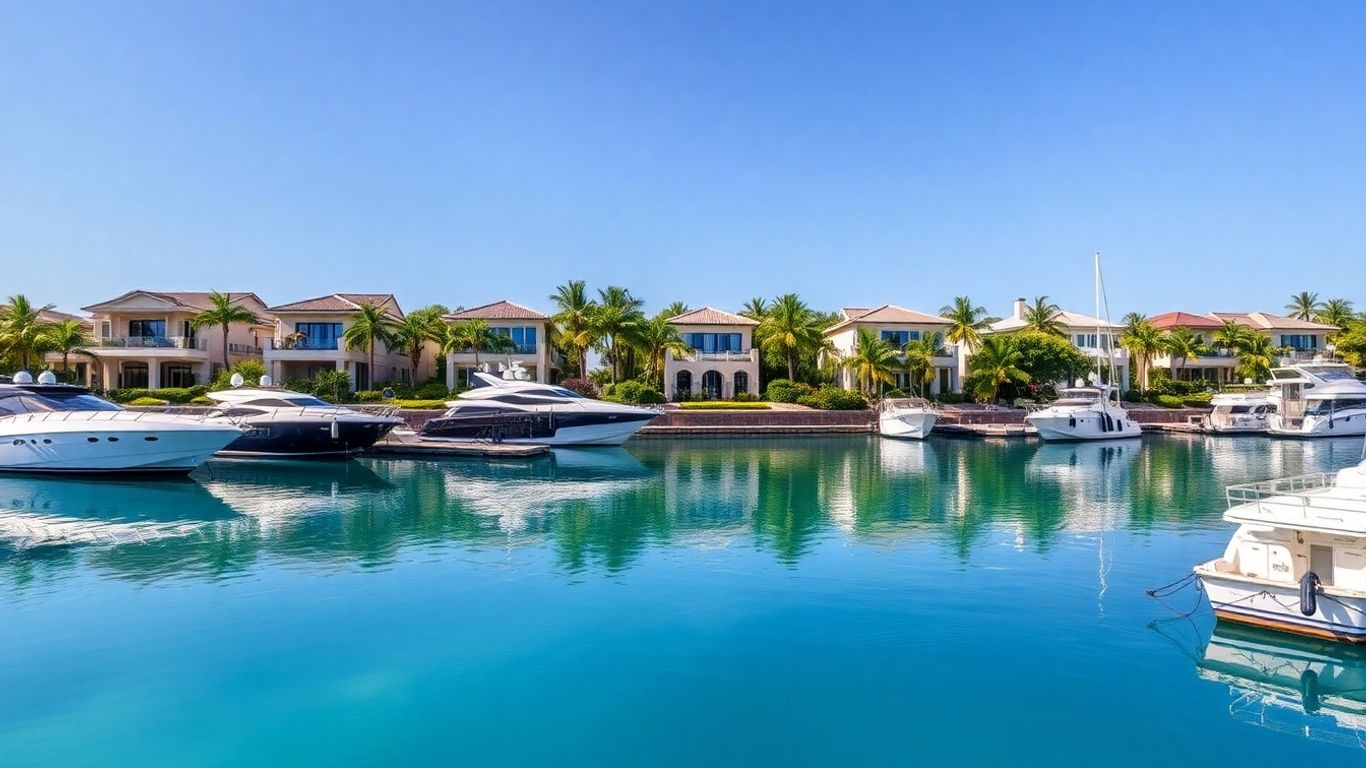 Luxury yachts docked at a Phuket marina with waterfront homes.