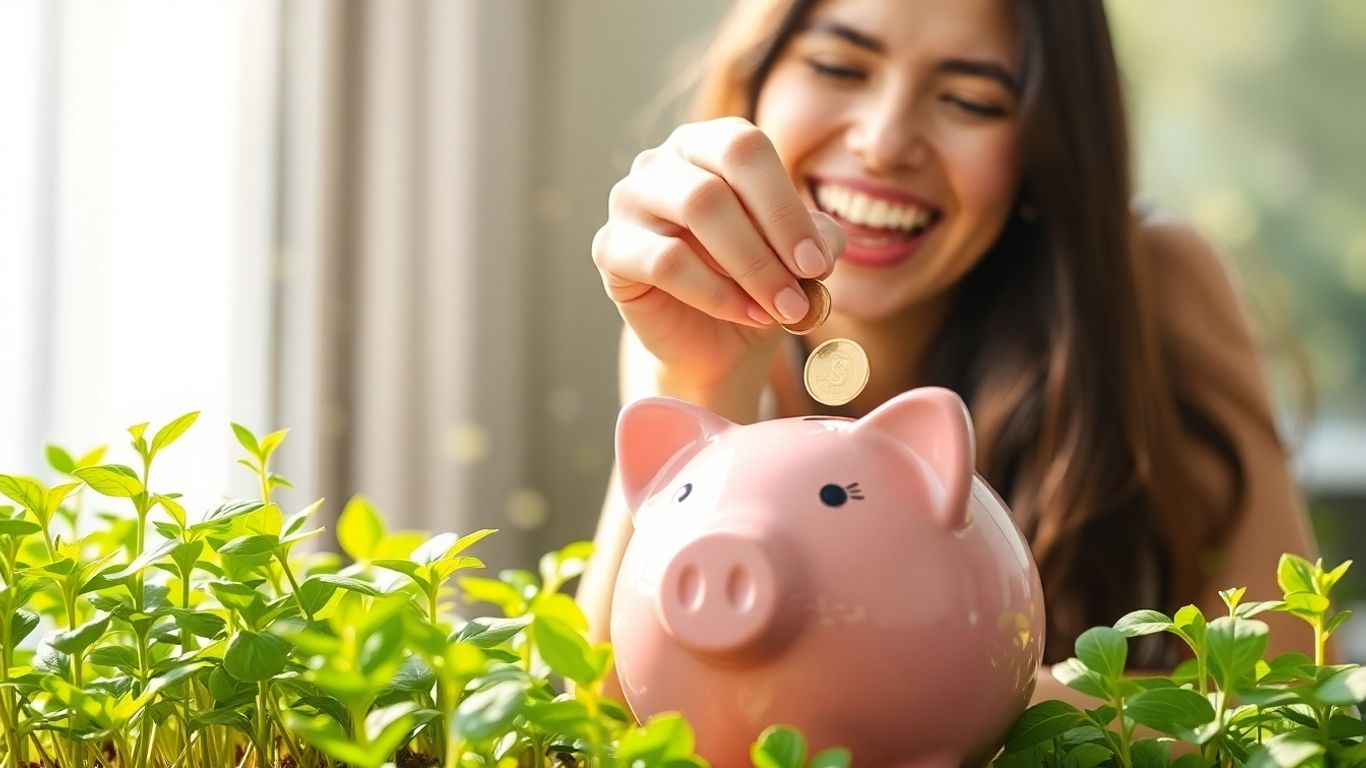 Person saving money in a piggy bank with plants.